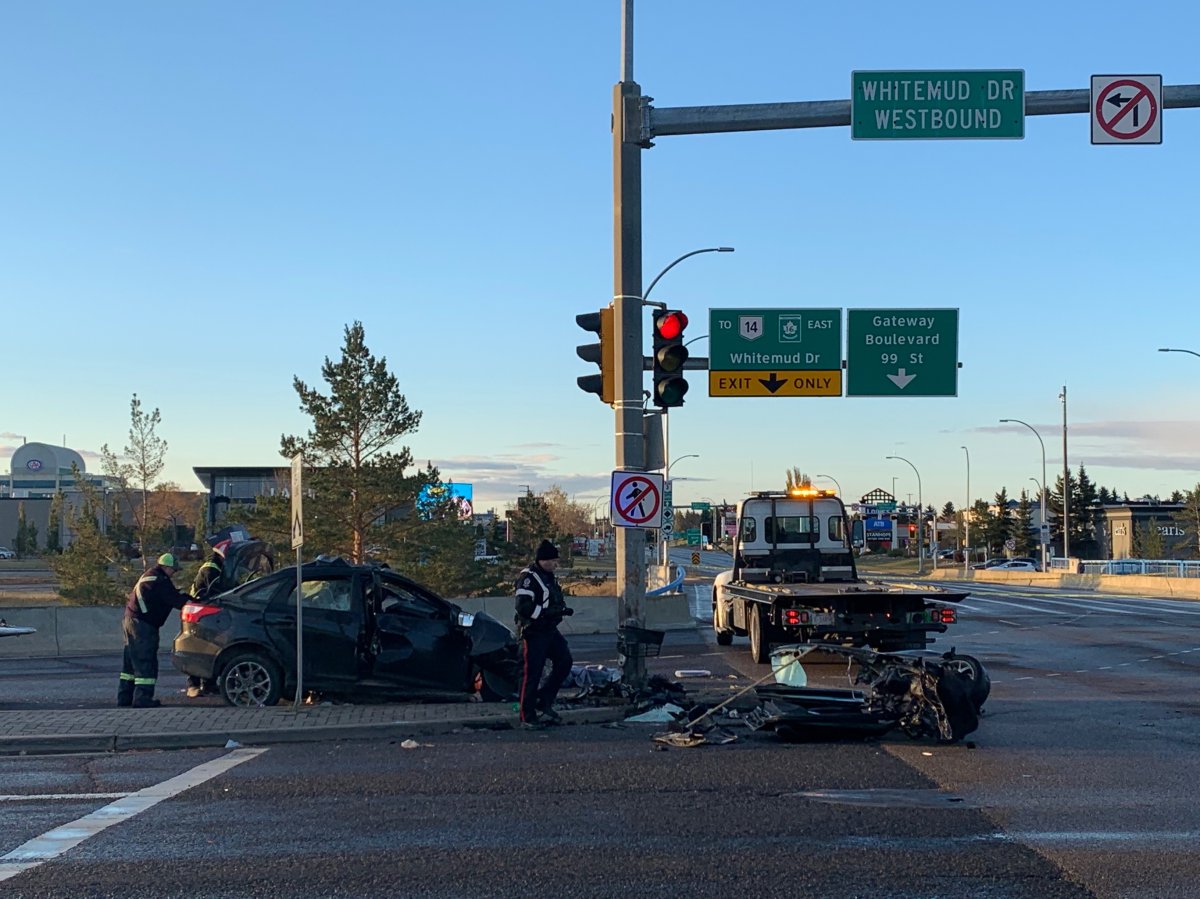 Edmonton police investigating a serious collision on Calgary Trail at the Whitemud Drive overpass on Monday, Oct. 11, 2021. 