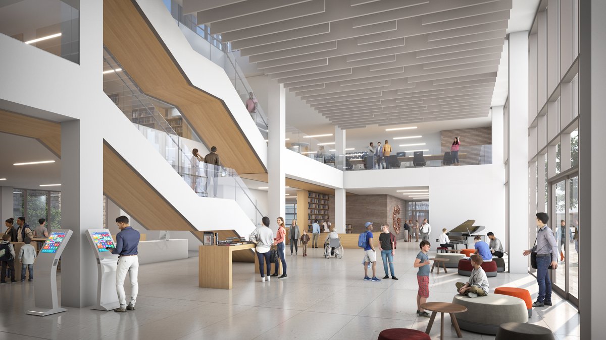 A rendering of the new library's lobby, facing west. 