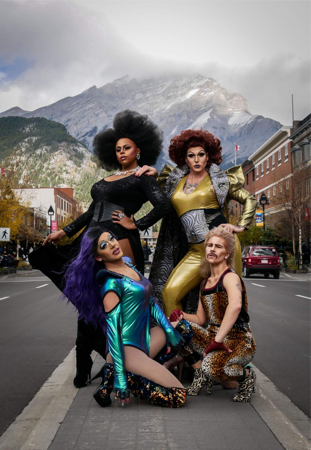 Drag performers pose during the 2020 Banff Pride festival.