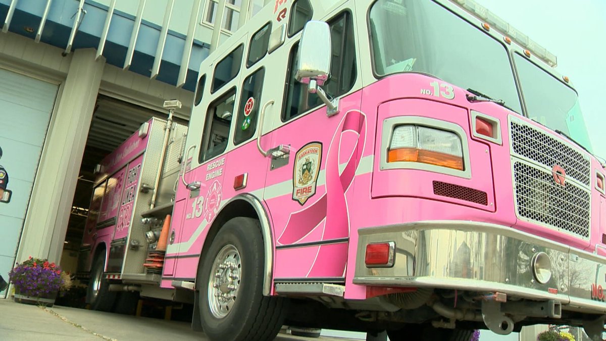 Saskatoon Fire Department Engine 13 has a pink wrap for all of October for breast cancer awareness month.