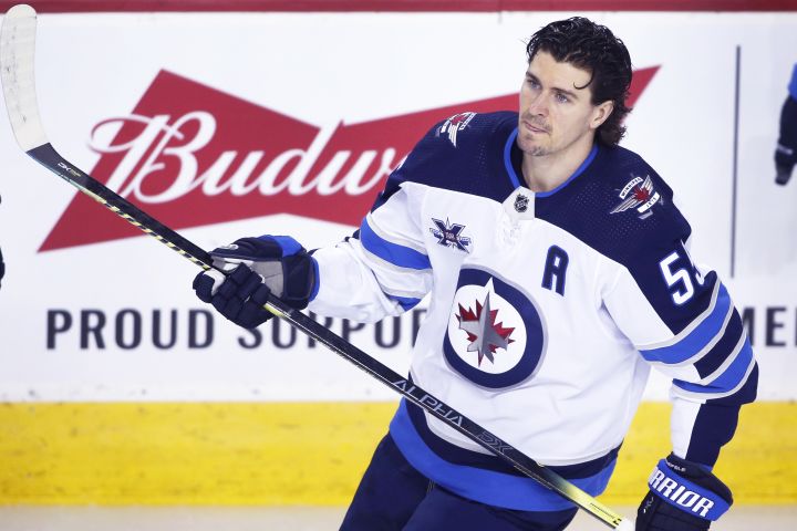 NHL profile photo on Winnipeg Jets player Mark Scheifele at a game against the Calgary Flames in Calgary, Alta. on March 27, 2021.
