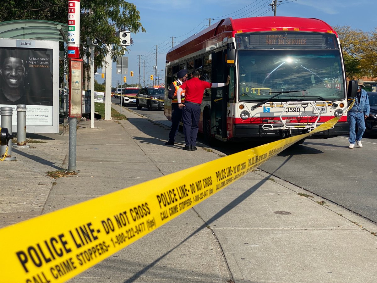 Police tape blocks off a TTC bus in North York on Saturday following a stabbing.