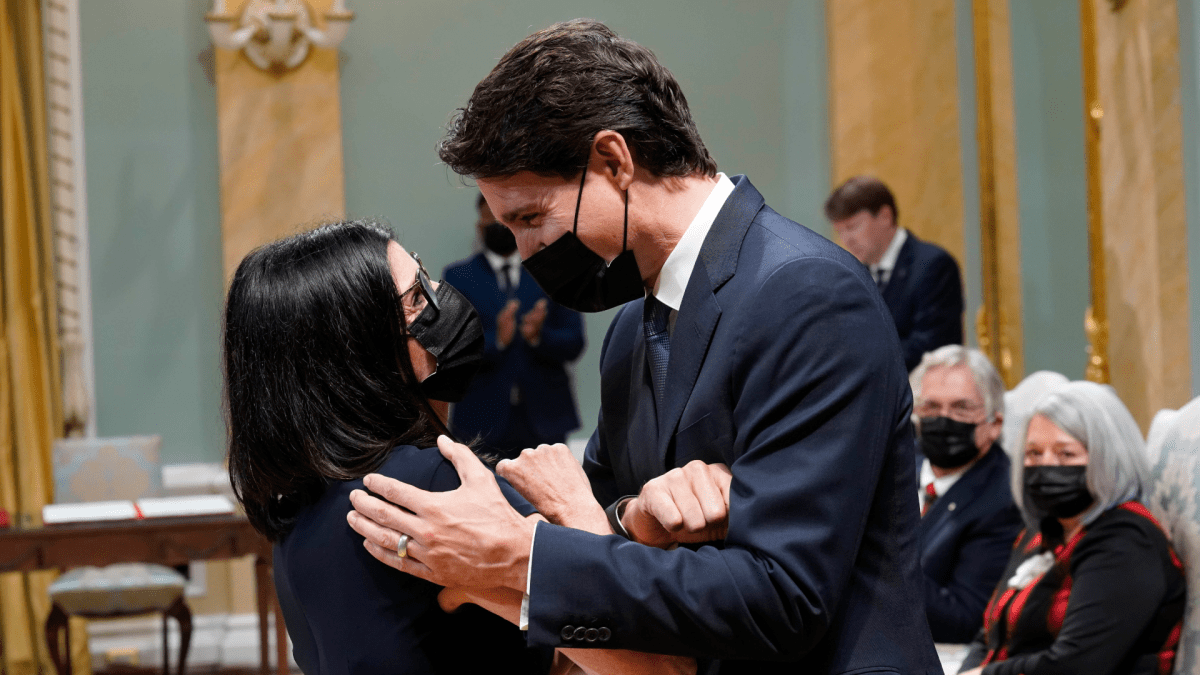 Prime Minister Justin Trudeau, right, congratulates Filomena Tassi, minister of public services and procurement, at a cabinet swearing-in ceremony at Rideau Hall in Ottawa, Tuesday, Oct. 26, 2021.