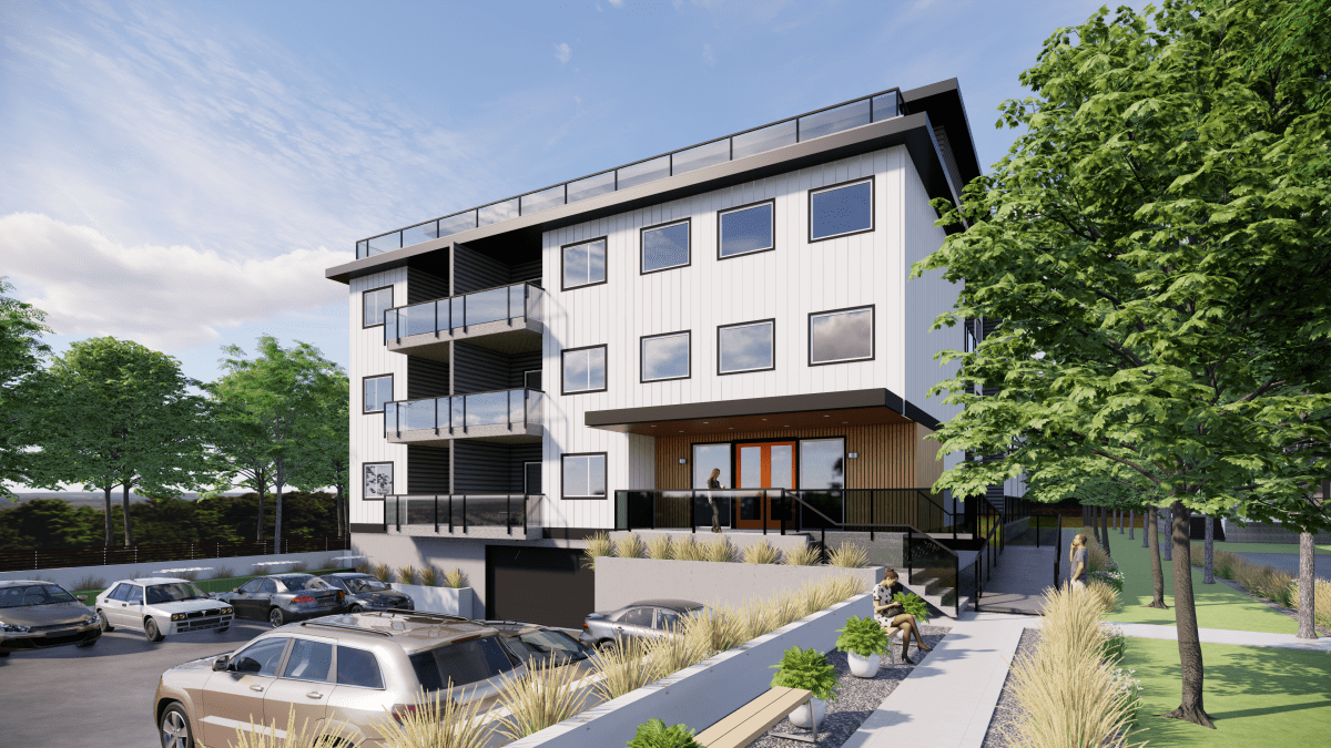 The development plans propose two apartment buildings and 71 townhouse units, totaling more than 200 units of housing, at 955 Timmins Street in Penticton, B.C.