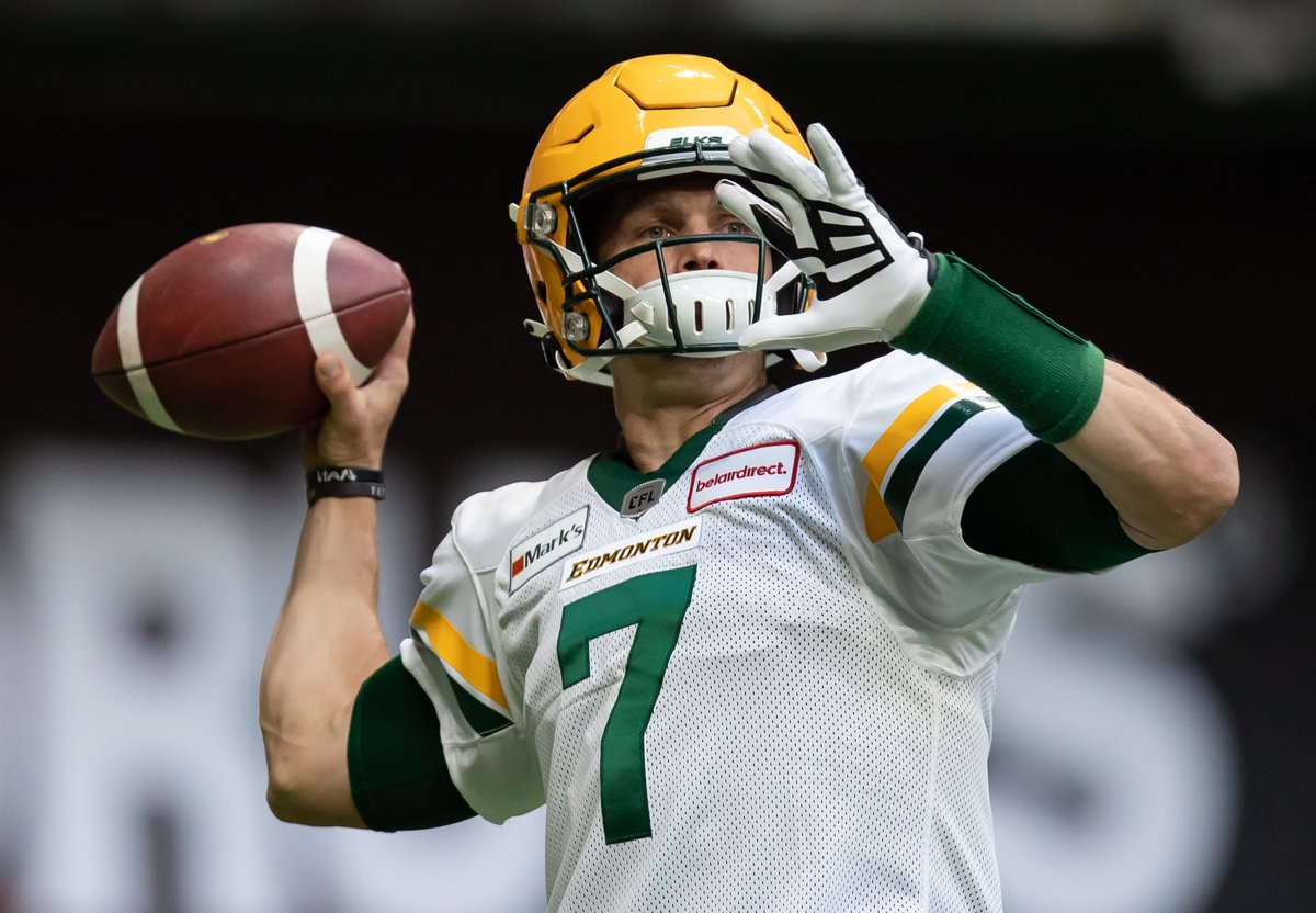Edmonton Elks quarterback Trevor Harris warms up before a CFL football game against the B.C. Lions in Vancouver, on Thursday, Aug. 19, 2021.