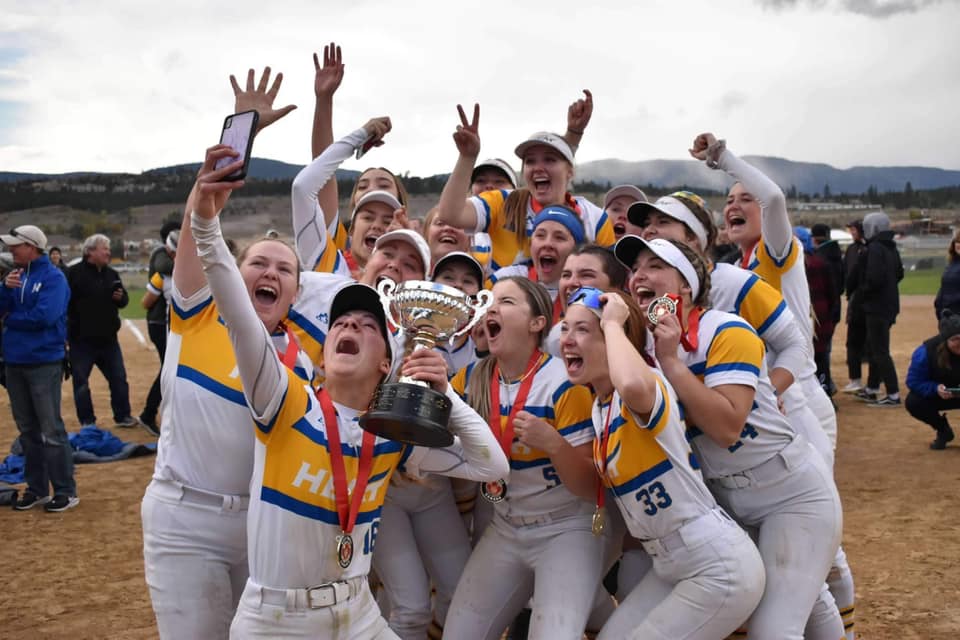 The UBC Okanagan Heat celebrate their gold-medal victory after defeating St. Clair College of Windsor, Ont., in Sunday’s championship game at High Noon Park on Sunday.