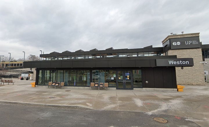 The exterior of the Weston GO Transit and UP Express station.
