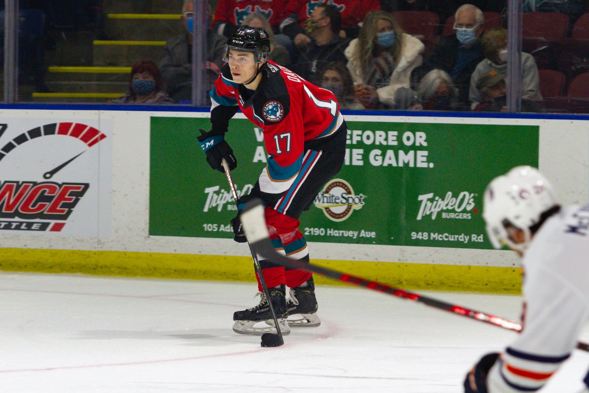 Colton Dach scored twice for Kelowna in a 4-2 victory over the visiting Kamloops Blazers in WHL action on Friday, Oct. 15, 2021.