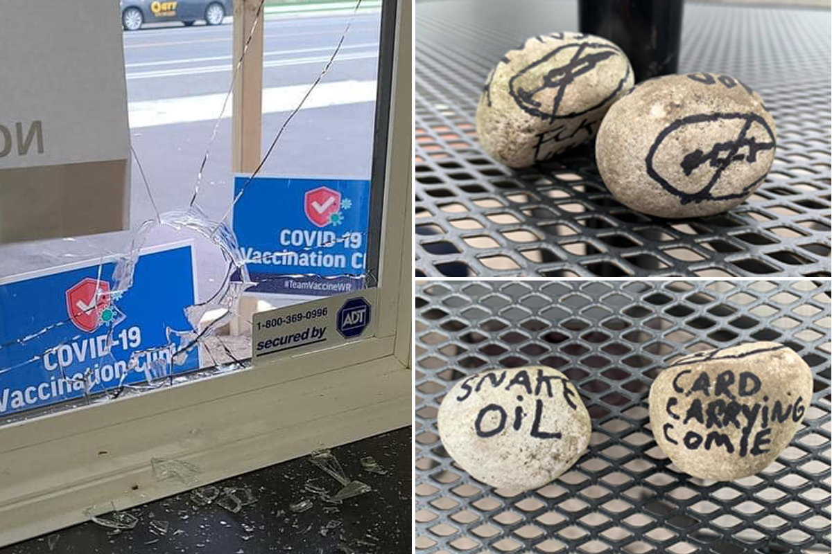 Rocks with antivax messages were thrown through  windows of two businesses in Cambridge.