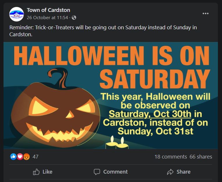 Facebook post from the Town of Cardston asking residents to celebrate Halloween a day early.