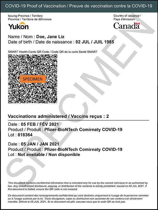 Sample of proof of vaccination document from the Government of Canada.