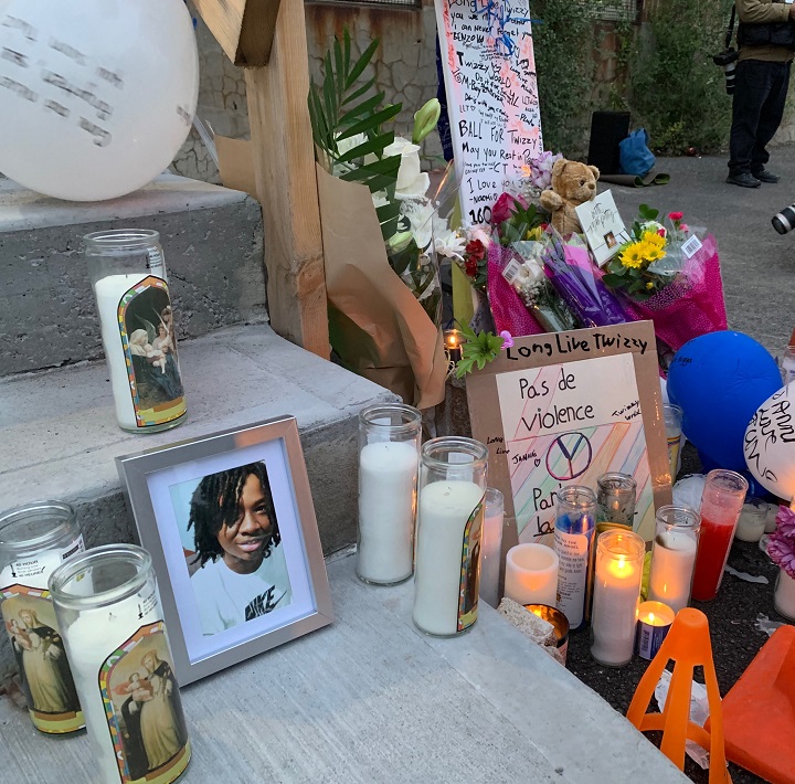 A memorial for Jannaï Dopwell-Bailey who died of his injuries after being stabbed in front of his school in Côte-des-Neiges in Oct. 2021.