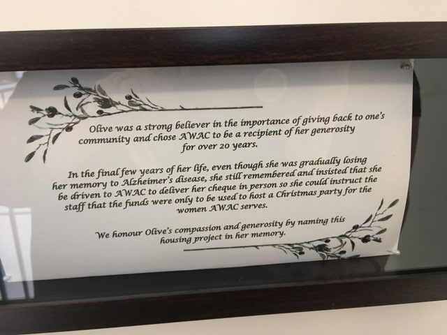 Plaque for Olive at Prince George women’s shelter.