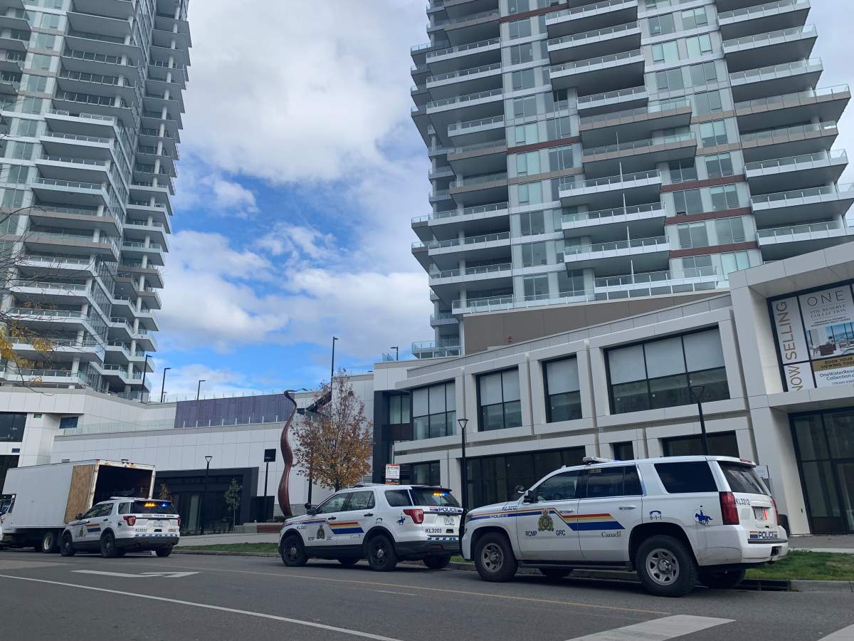 RCMP are at One Water in Kelowna where a woman died after falling from a balcony. 