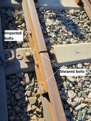 A TSB report shows damage to bolts on the Confederation Line LRT rails outside Tremblay Station as a result of the Sept. 19, 2021 derailment.