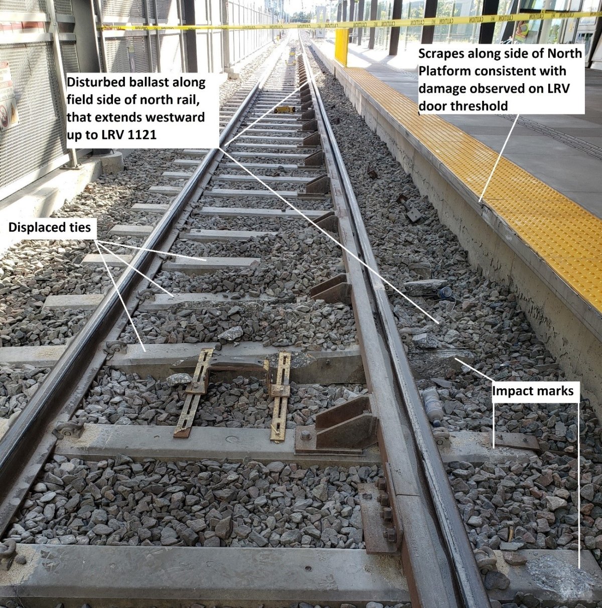 Damage to the northern platform of Tremblay Station is shown in the TSB report on derailment of 19 September 2021.