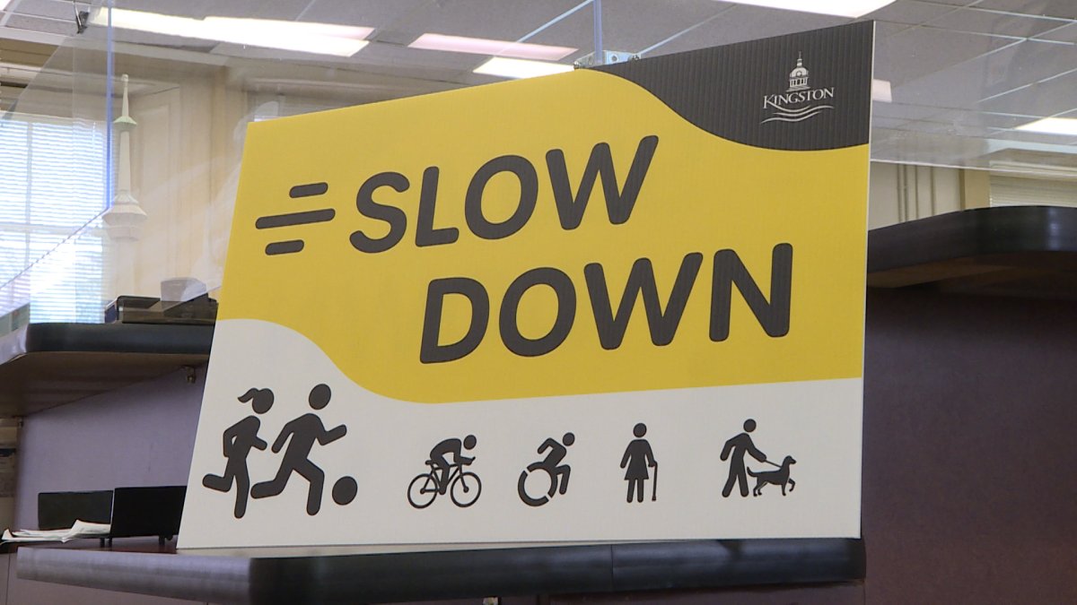 As part of the city's traffic calming measures, Kingston residents can now pick up 'slow down' signs from either city Hall or the INVISTA Centre.