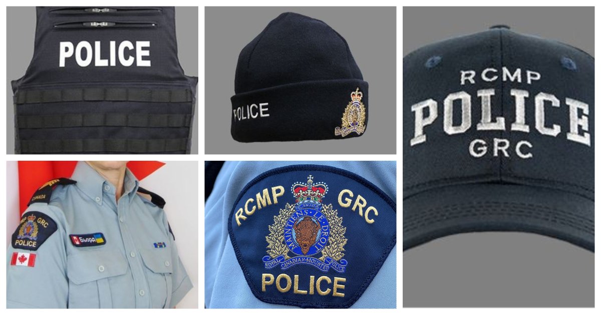 Examples of some of the RCMP and Edmonton Police Service gear stolen from a Calgary home Oct. 2, 2021. 