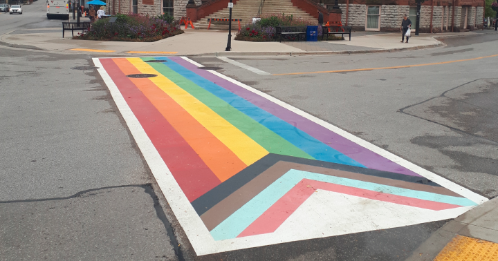 Police say around 1:30 a.m. Friday, officials were notified of "hate-motivated graffiti" on the crosswalk, which is located at Wellington Street and Downie Street in downtown Stratford.