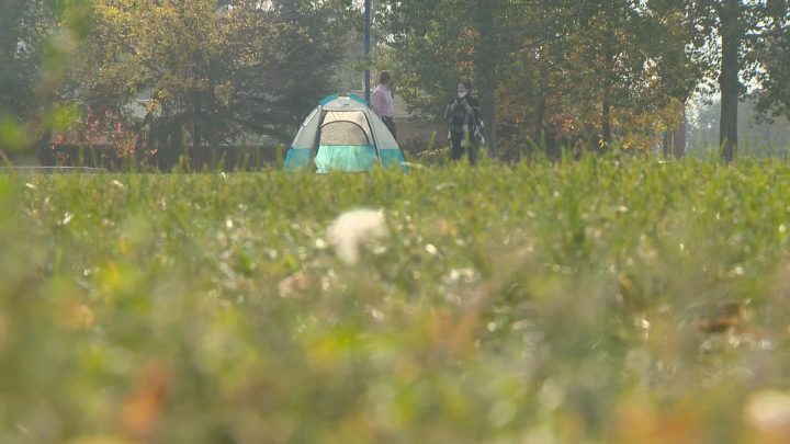 Members of Regina Needle Recovery and Community Support erected this tent in Core Community Park Friday. They hope it sends a message about the scope of homelessness in Regina. 