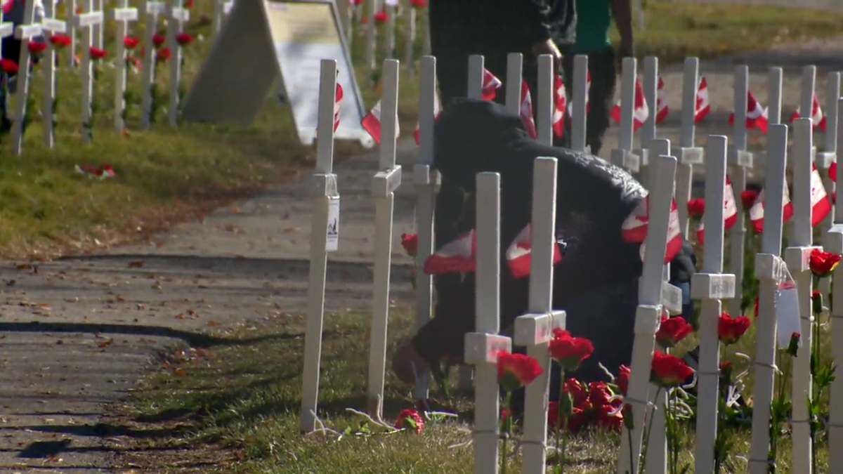 Calgary students placed poppies at the Field of Crosses on Sunday, Oct. 24, 2021.