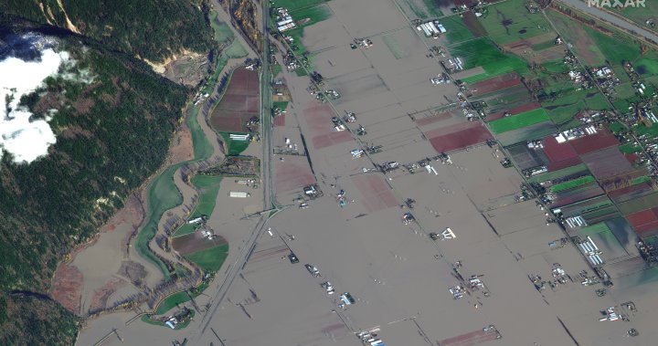 Gambar satelit baru menunjukkan tingkat banjir di Prairie Sumas BC