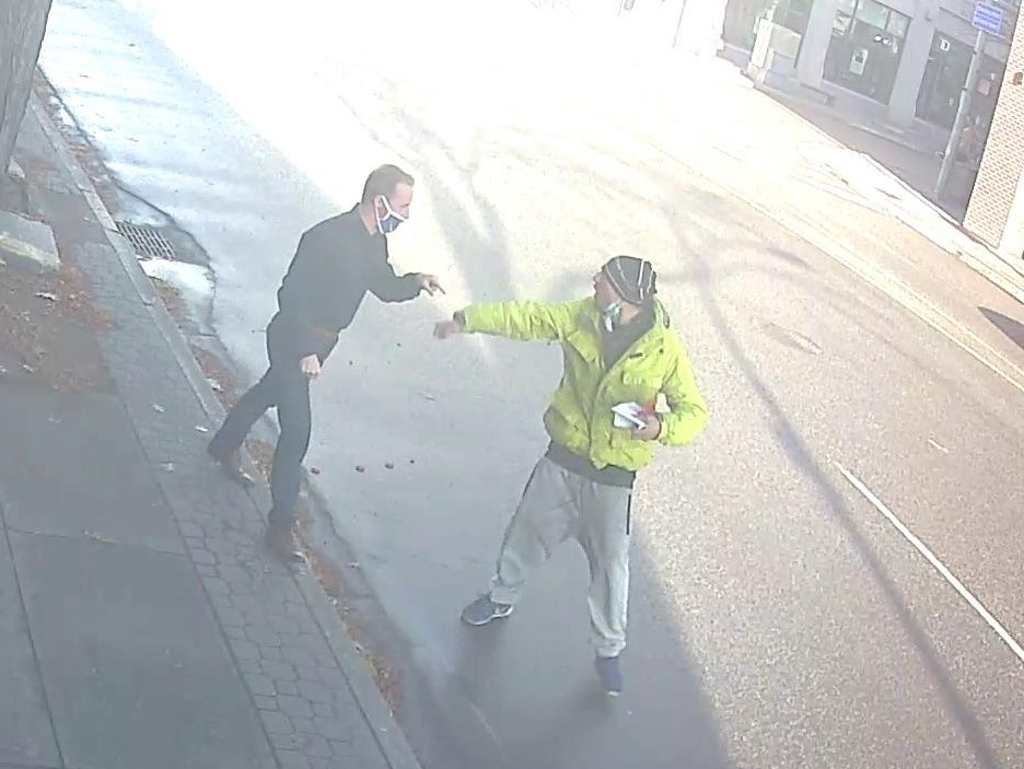 A screenshot of an incident in downtown Kelowna involving a stolen poppy box on Tuesday.