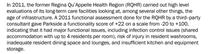 From the Saskatchewan Ombudsman’s report “Caring in Crisis” released earlier this year following the Parkside outbreak.