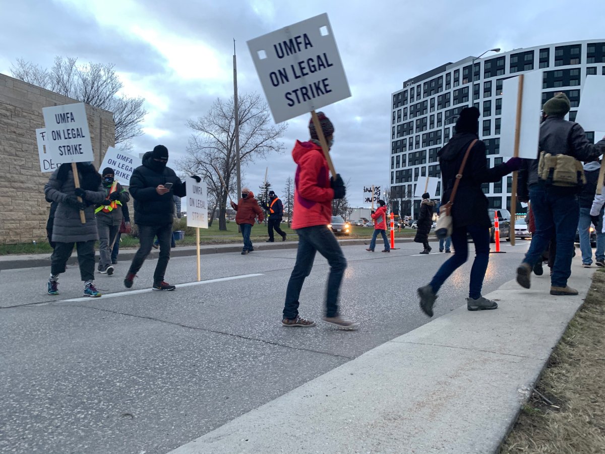 Faculty on strike at the University of Manitoba Tuesday morning.