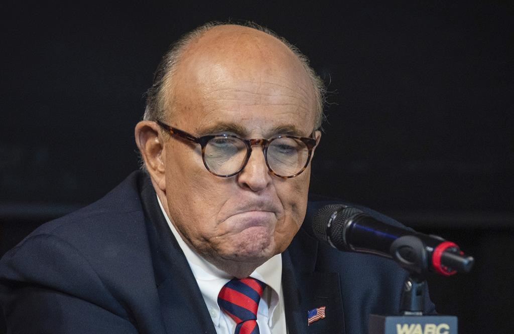 Former New York City Mayor Rudy Giuliani reacts during a talk radio show at the WABC studios in New York on Friday, Sept. 10, 2021.