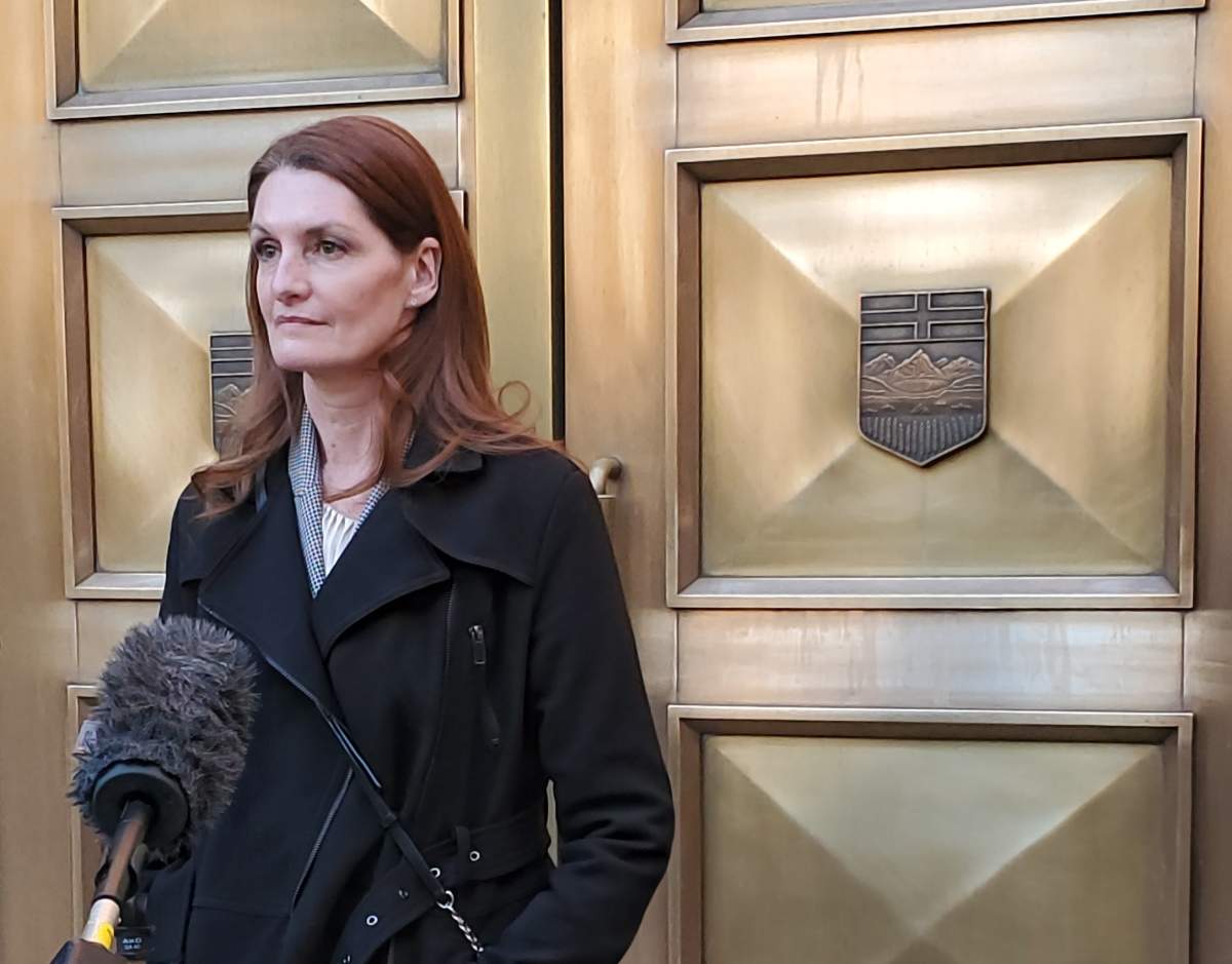 Kim Blankert, Jasmine Lovett’s mom, speaks outside the Calgary Courts Centre on Tuesday, Nov. 2, 2021.