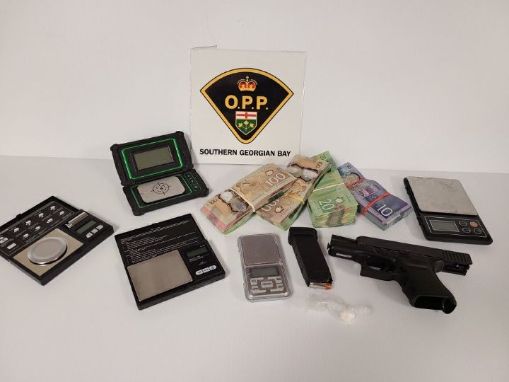 More than $16,000 in cash, cocaine and a handgun have been seized following a traffic stop on Highway 400 in Tay Township, Ont.