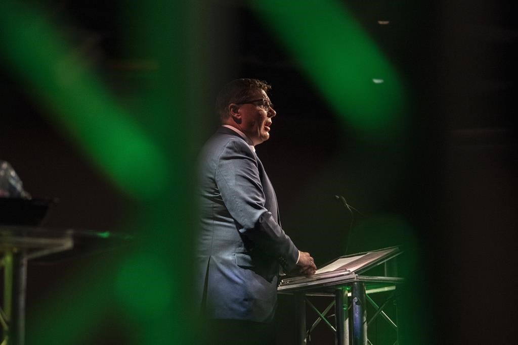 Saskatchewan Premier Scott Moe speaks during the Saskatchewan Party 2021 Convention in Saskatoon, Sask., Saturday, Nov. 6, 2021.&nbsp;Moe survived a leadership review today at the Saskatchewan Party's convention in Saskatoon, with a majority of members showing strong support for the leader. THE CANADIAN PRESS/Liam Richards.