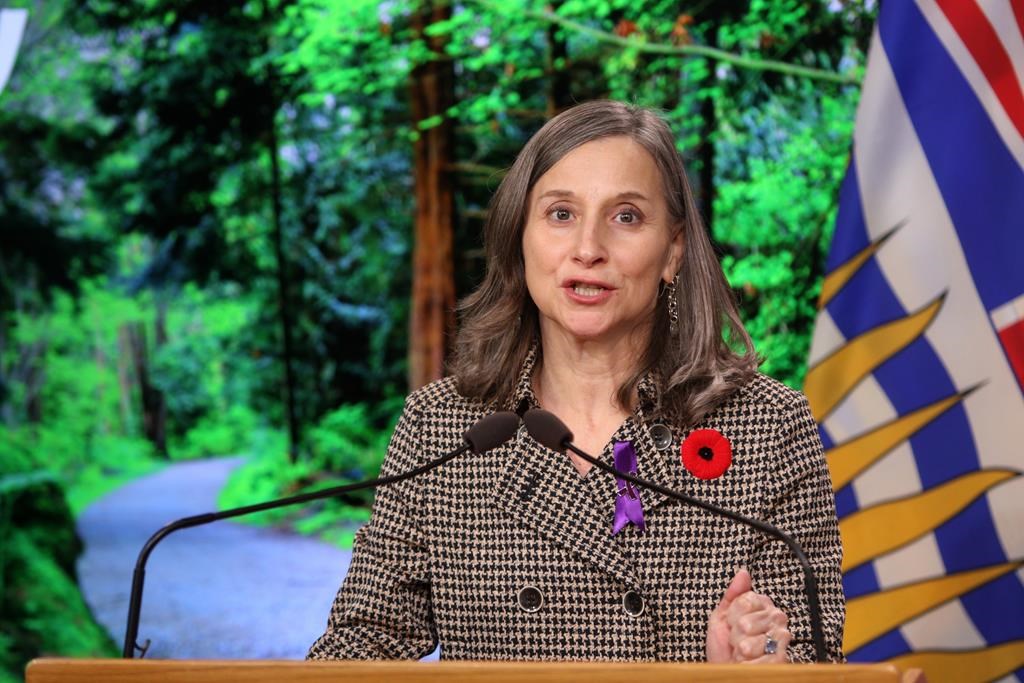 B.C. chief coroner Lisa Lapointe discusses details about the province's application for decriminalization in the next step to reduce toxic drug deaths during a press conference in the press gallery at the Legislature in Victoria, Monday, Nov. 1, 2021. THE CANADIAN PRESS/Chad Hipolito.