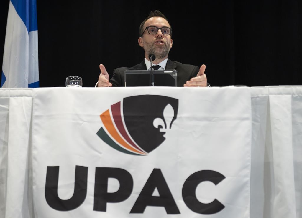 UPAC Commissioner Frédérick Gaudreau defends his anti-corruption unit as he presents his annual report, during a news conference, Tuesday, Nov. 9, 2021, in Quebec City. THE CANADIAN PRESS/Jacques Boissinot.