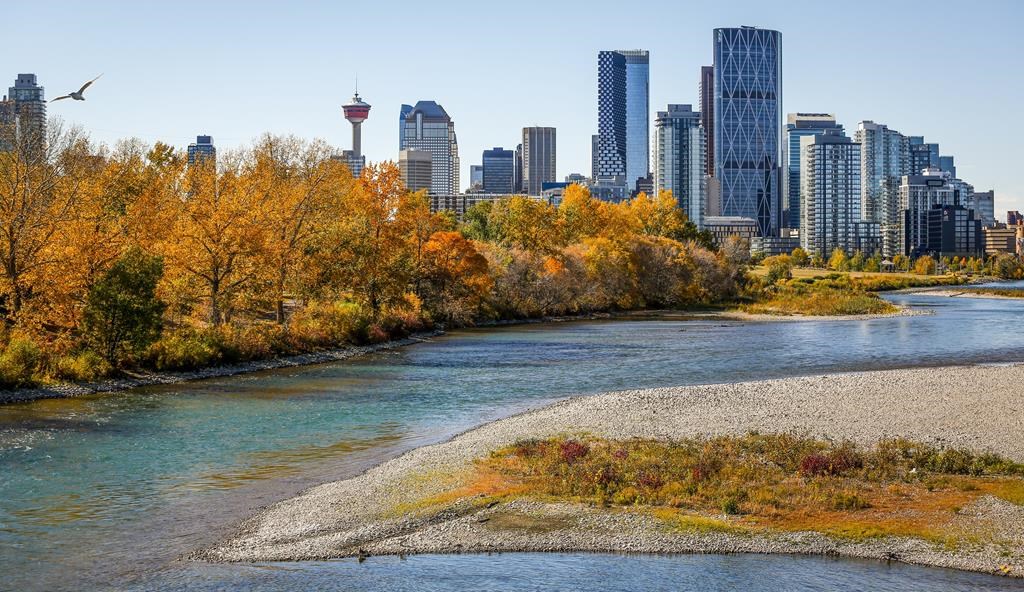 The Bow River flows through the downtown as warm fall weather continues in Calgary, Alta., Wednesday, Sept. 29, 2021.