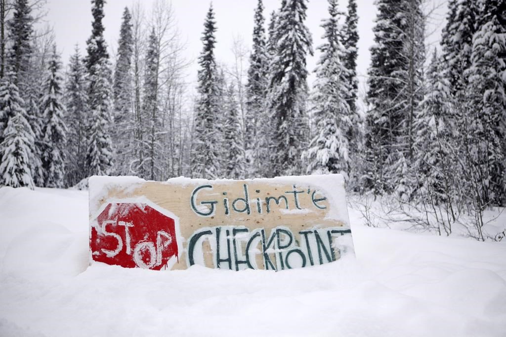A Gidimt'en checkpoint near the Unist'ot'en camp off a logging road near Houston, B.C., on Wednesday, January 9, 2019. Coastal GasLink says supplies like water are at risk of running out for more than 500 workers who have been stuck for three days on the other side of blockades near a pipeline worksite in northern B.C. THE CANADIAN PRESS/Chad Hipolito.