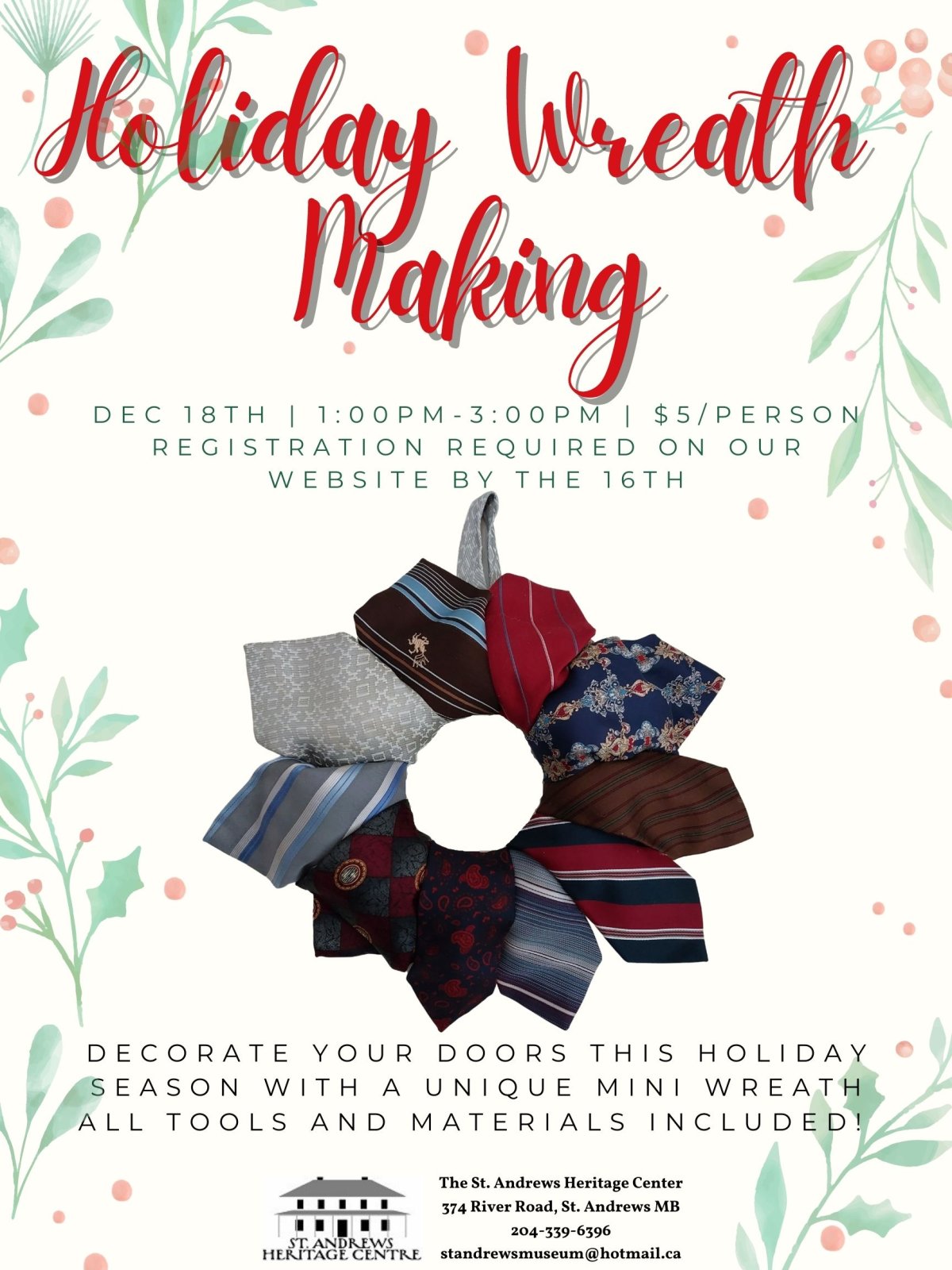 Decorate your doors this holiday season with a unique mini wreath using ties! All tools and materials included! This little wreath could easily be a last minute gift for someone special! Registration required on our website by the 16th!.