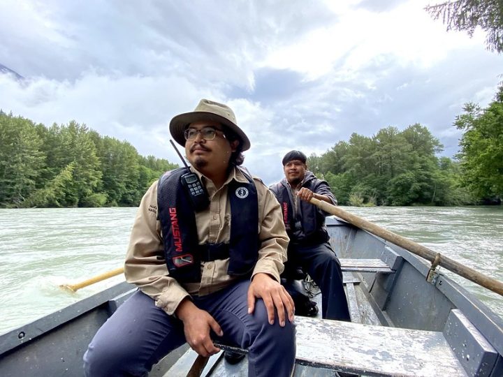 Nuxalk Guardian Watchmen monitoring salmon habitat off the coast of BC.