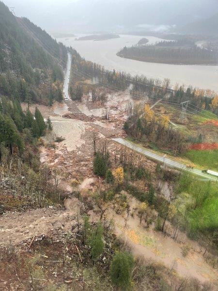 Aerial view of slide impacting BC Highway 7 near Seabird Island