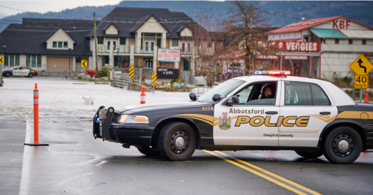 An Abbotsford police car is shown patrolling the B.C. city after record-breaking rainfall caused floods and evacuations between Nov. 14 and 15, 2021.