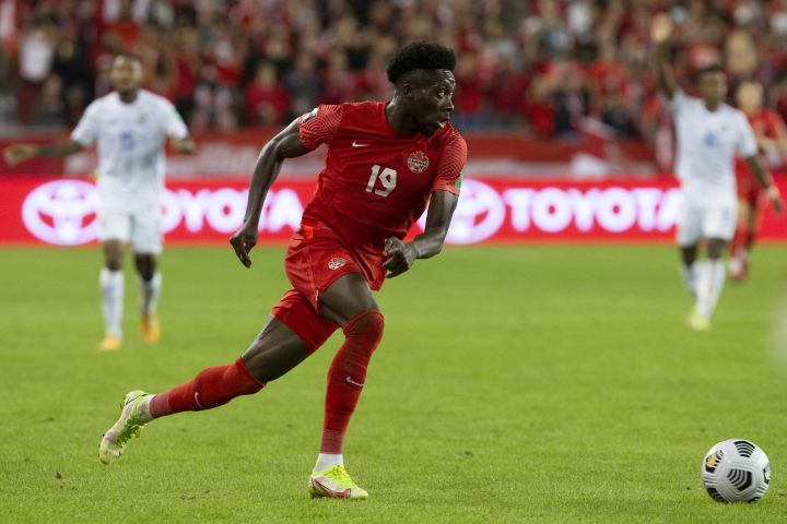 Canada’s Alphonso Davies cuts in from the left wing before scoring against Panama’ during second half World Cup qualifying action in Toronto on Wednesday, October 13, 2021.