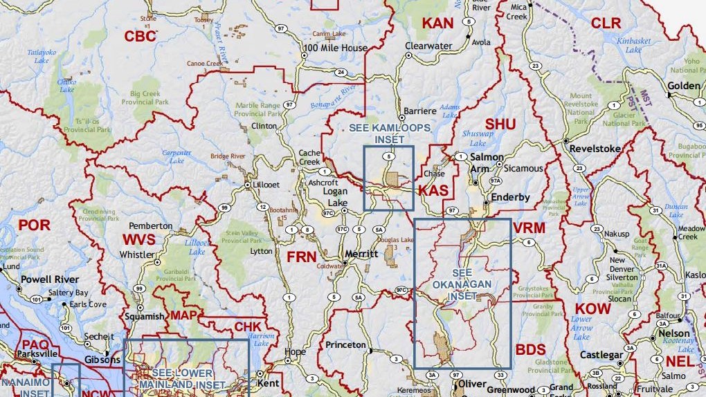A graphic showing some of the provincial electoral boundaries in B.C.