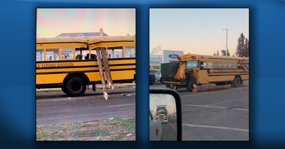 A school bus was impaled by logs in Barrhead, Alta. on Tuesday, Nov. 2, 2021.