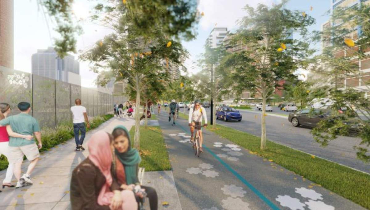 The development project will include cycling lanes, multi-use trails, new parks and open spaces, a transit hub, and a central urban square.