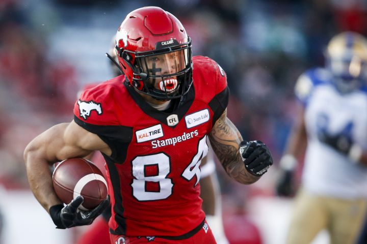 Calgary Stampeders' Reggie Begelton runs in a touchdown during CFL West Semifinal football action against the Winnipeg Blue Bombers, in Calgary, Sunday, Nov. 10, 2019. 