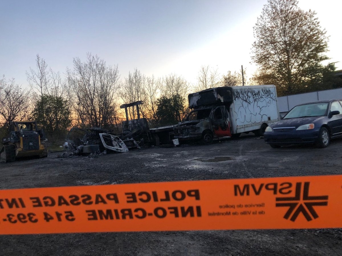 Three trucks were set on fire in an apparent arson attack at Meteor Towing in Montreal's Villeray-Saint-Michel-Parc-Extension neighborhood. Thursday, November 11, 2021.