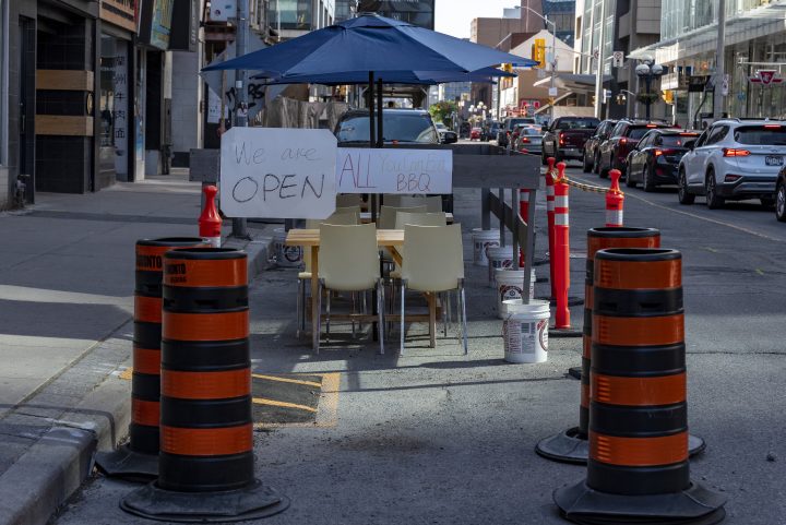 A road side patio on Yonge Street as part of the CafeTO initiative in Toronto on June 12, 2021.