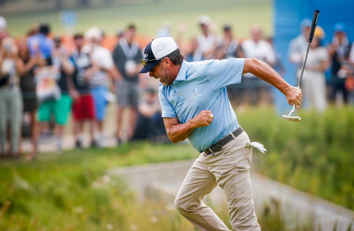 Doug Barron, of the United States, celebrates winning the PGA Tour Champion's Shaw Charity Classic golf event in Calgary, Alta., Sunday, Aug. 15, 2021.