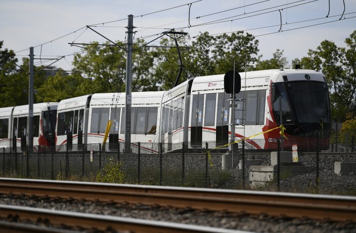 An OC Transpo O-Train is seen west of Tremblay LRT Station in Ottawa on Monday, Sept. 20, 2021 after it derailed.